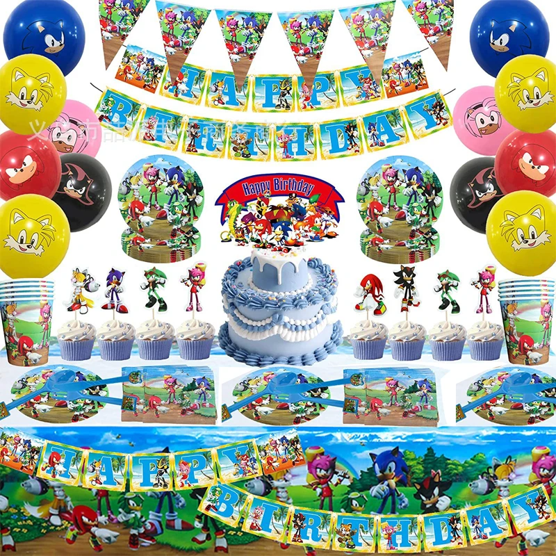 Sonic Birthday Party Decorations Tableware Cup Plate Tablecloth Balloons Banner Background Kid Theme Party Supplies