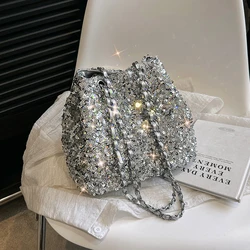 Sparkling Sequins Bucket Shoulder Bags Sense of Luxury Large Capacity Fresh Crossbody Bags for Women 2024 Fashion Versatile Hot