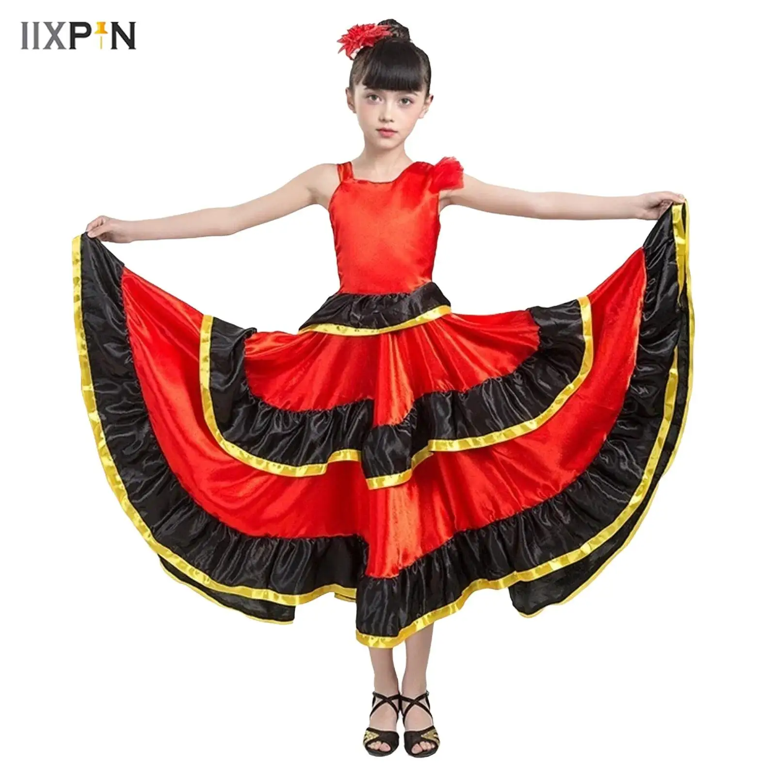 Kids Girls Spanish Flamenco Dance Dress 180/360-Degree Asymmetrical Shoulder Tiered Ruffles Wide Hem Color Block Dress+Headwear