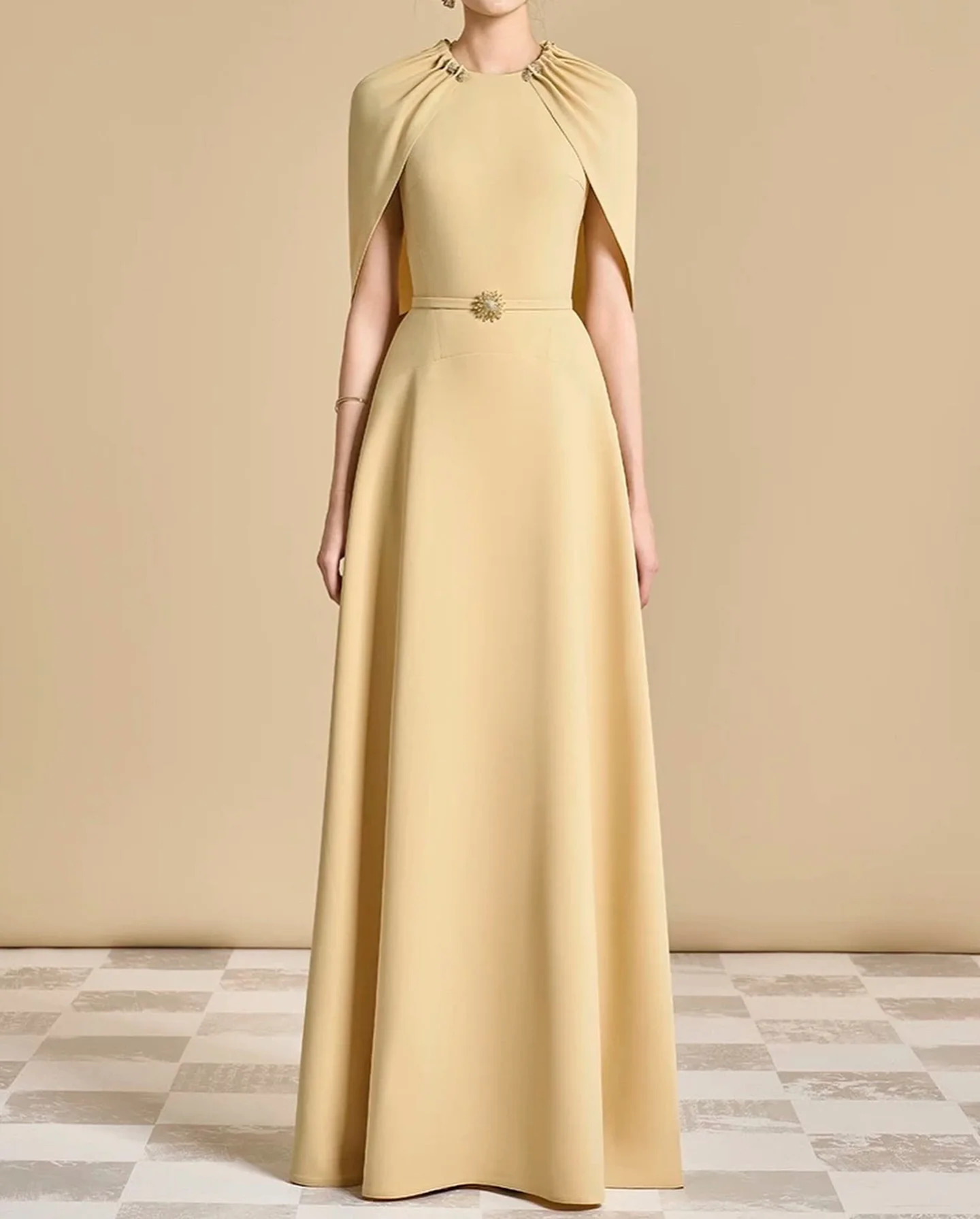 

Customized Graceful Jersey A-Line Crystal Evening Dress Temperament Half Sleeves O-neck Floor Length فساتين سهرة