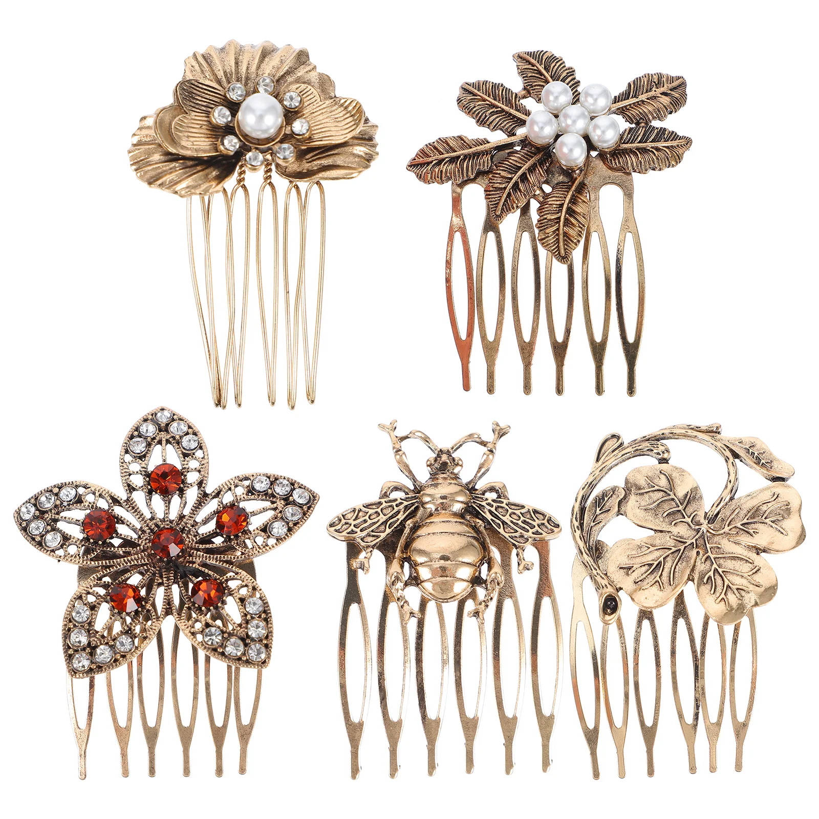 5 Pcs Retro Diamonds Hair Comb Barrettes Fixing Clip Hairpin Leaves Crystal Decor Alloy Clips Side Bride Decorative Hairpins