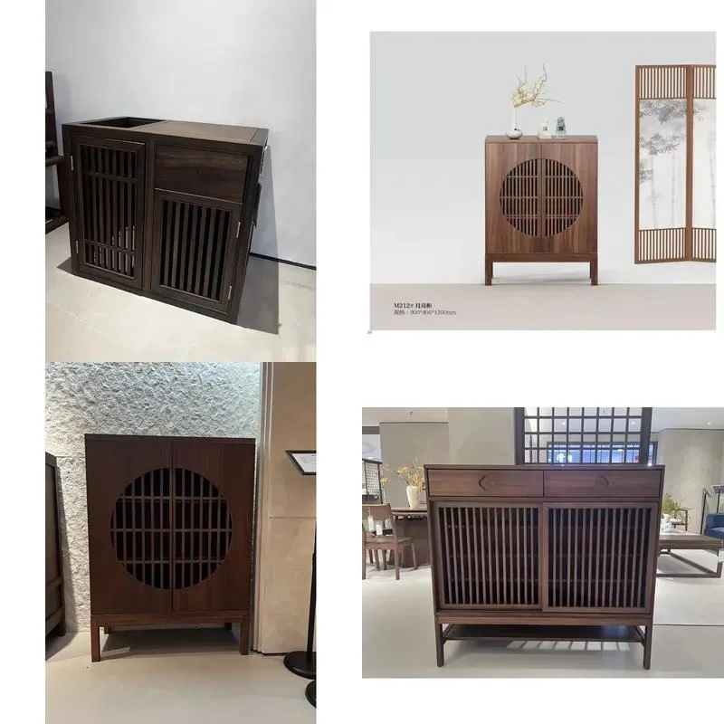 Modern New Chinese Style Solid Wood Tea Cabinet Living Room Sideboard with Slatted Door and Drawer Storage Furniture