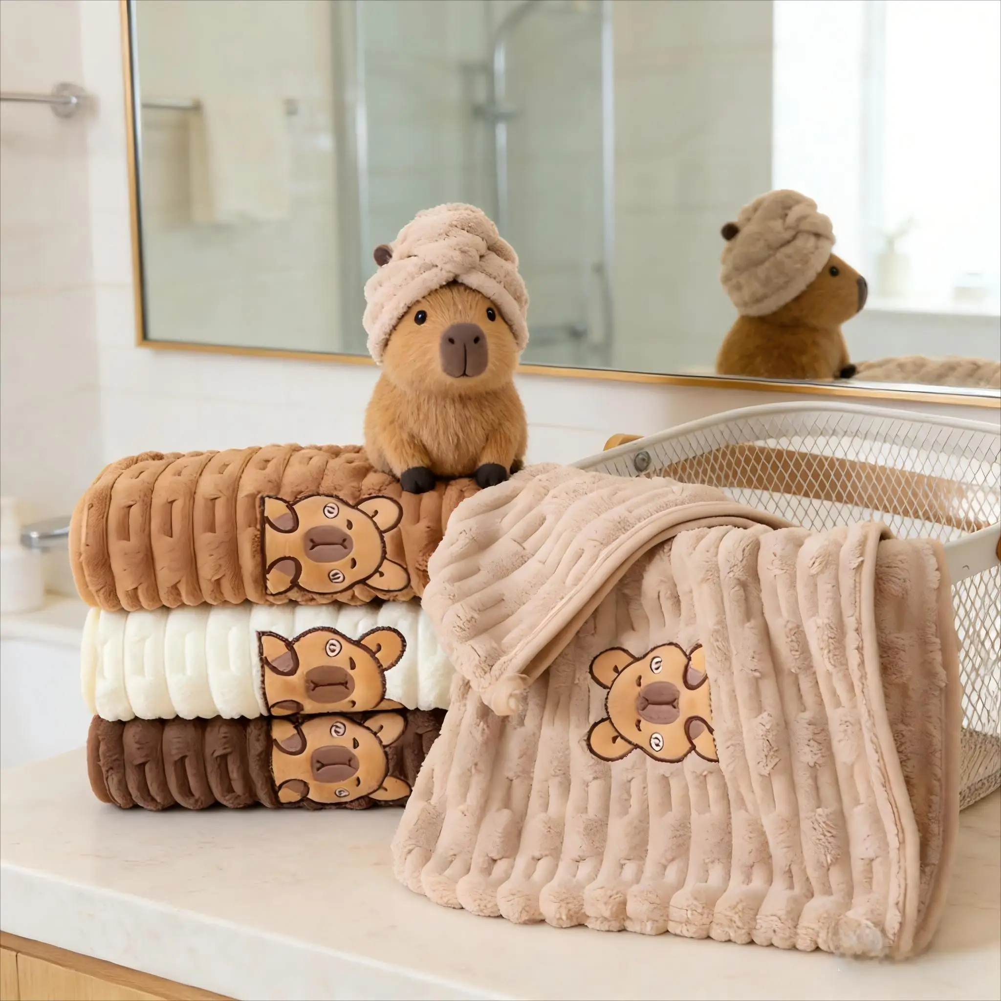 2-Pack Capybara-Shaped Hair Drying Cap - Made of Thick Coral Fleece, Suitable for Wrapping and Towel Use, Quick-Drying and Water-Absorbing Capybara Hooded Hair Drying Towel, Special Cap for Swimming, Spa, and Bathing - Soft Coral Fleece Material