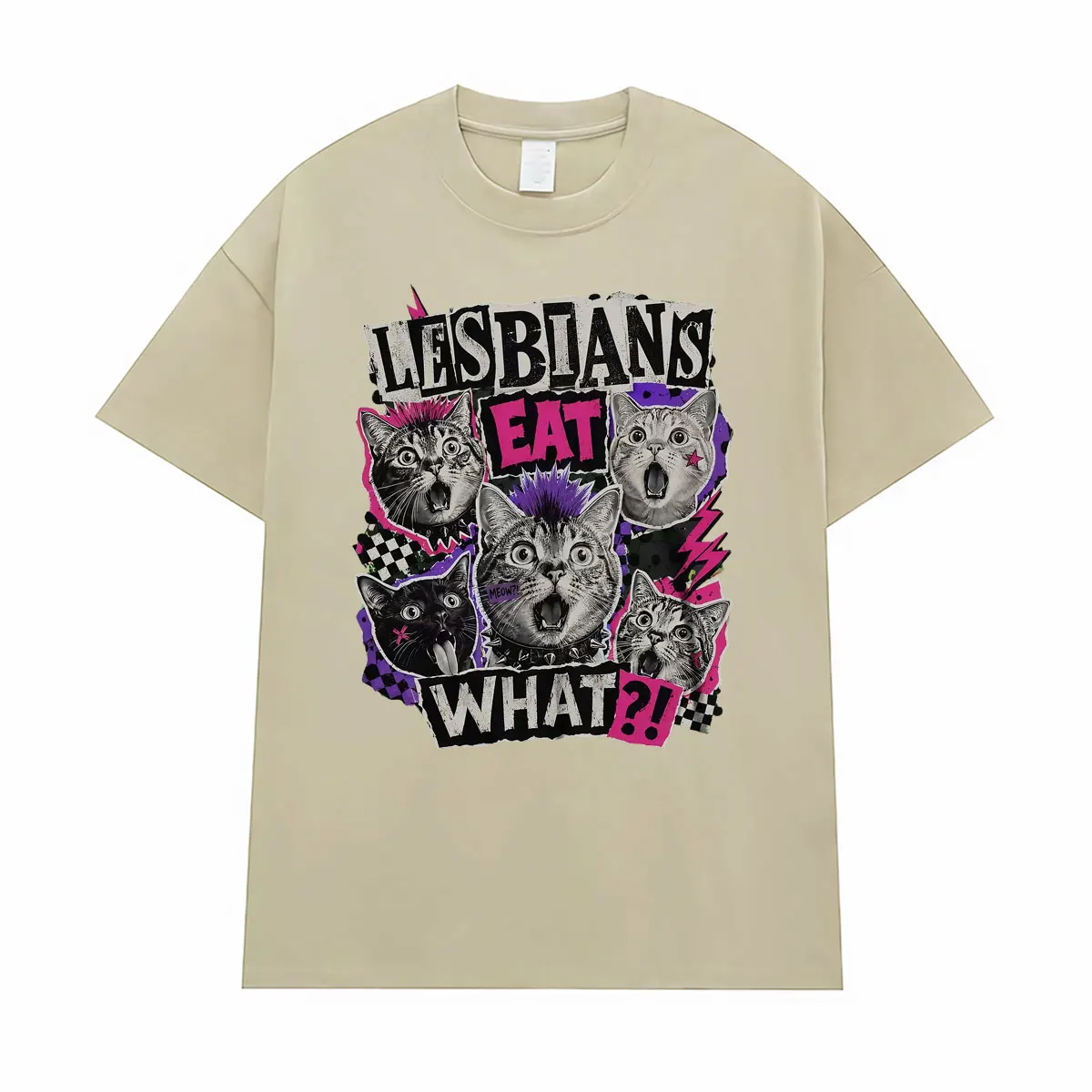 Lustige Lesben-Foodie-Punk-Katzen-Grafik-T-Shirts für Männer und Frauen, modische Vintage-Kurzarm-T-Shirts, Sommer-Tops, 100 % Baumwoll-T-Shirt – Detail 7