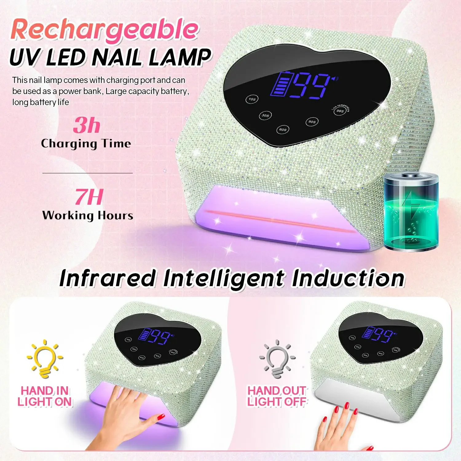 72W Akumulatorowa lampa do paznokci Profesjonalna lampa UV LED z elementami diamentów Lakier żelowy Suszenie paznokci do paznokci Narzędzia do manicure