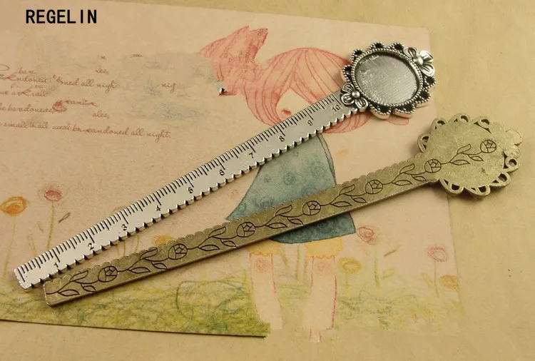 REGELIN Antique Vintage Metal Ruler Bookmark Cabochon Base Bookmark Setting 5pcs/lot for 20mm Cabochon Cameo DIY Bookmarks