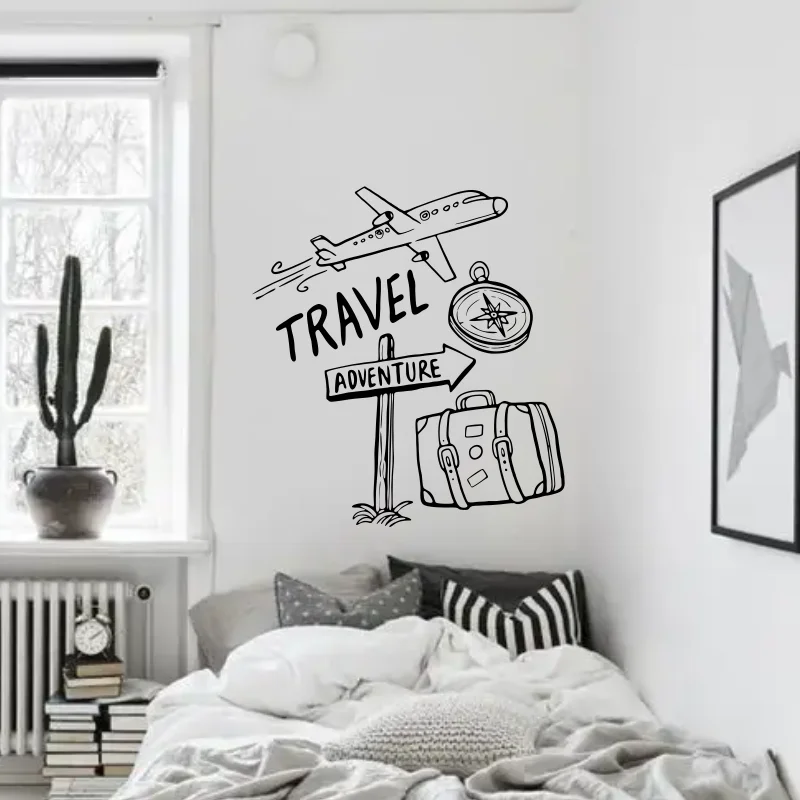 Travel Adventure Quotes Wall Decals Airplane Compass Travel Bag Stickers Vinyl Murals For Kids Boys Bedroom Decor Poster #379