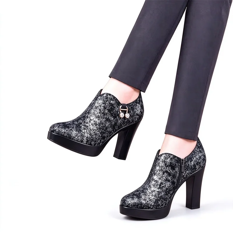 9cm Size 33-43 Elegant Deep Mouth Black Print Platform Shoes Women Pumps 2026 Fall Winter Block High Heel Shoes Model Office Mom