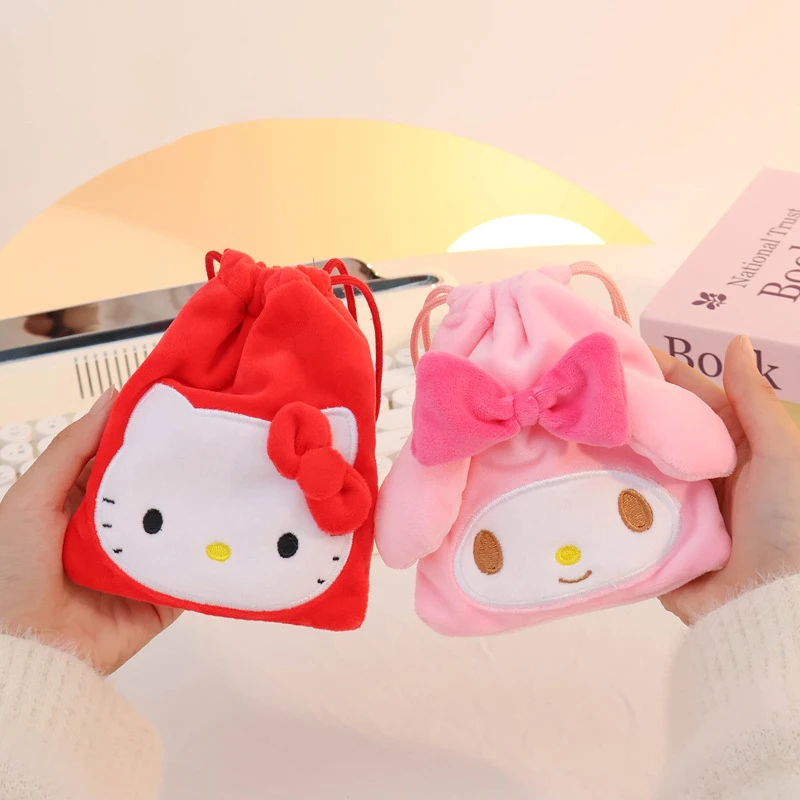 Sanurgente-Sac de rangement en peluche de dessin animé mignon pour garçons et filles, porte-monnaie My Melody, poche Wstring de proximité, Hello Kitty Kuromi, cadeaux de vacances