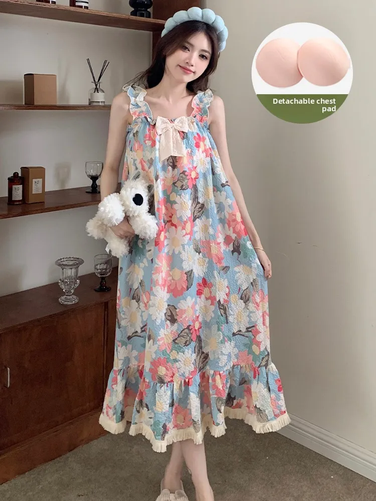 

Sweet Sle Materni Spwear with Chest Pad Bubble Cotton Strap Women's Dr Summer New Arrival Oil Painting Flower Print