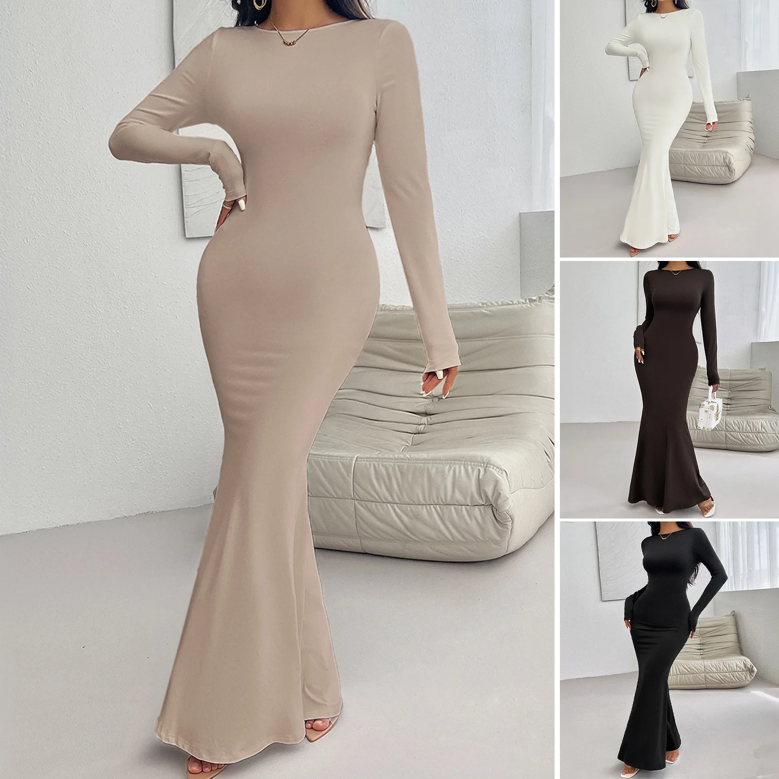 

Dress Women Elegant Fashion Beautiful Women's Dresses Party Night Dresses Sexy Slim Round Neck Solid Color Long Sleeve Dress