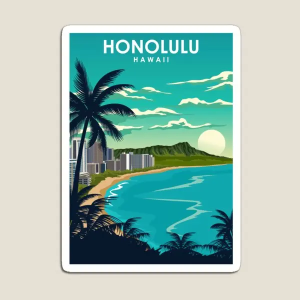 Honolulu Hawaii Vintage Minimal City Tra  Magnet for Fridge Organizer Stickers Funny Cute  Toy Magnetic Children Baby Kids Decor