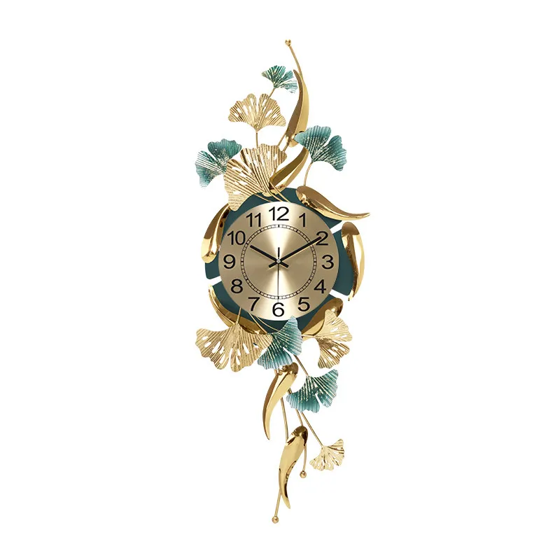 *Living Room Creative Metal Decorative Clock Ginkgo Leaf Fish Large Wall Clock Hotel Lobby Home Porch Decorations Silent Watch