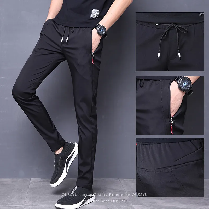 

Good Quality Summer Thin High Stretch Men's Sports Casual Pants Slim Zippered Pocket Elastic Waist Sweatpants Joggers Trousers
