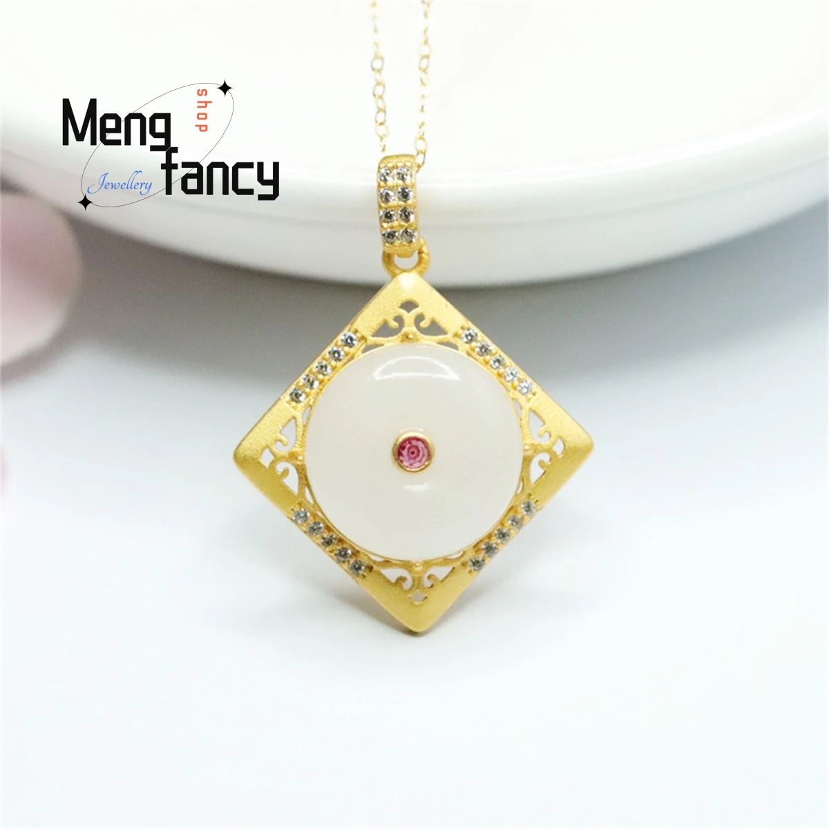 

Natural S925 Silver Inlaid Hetian White Jade Square Safety Buckle Necklace Simple Generous Personality Fashion Versatile Jewelry