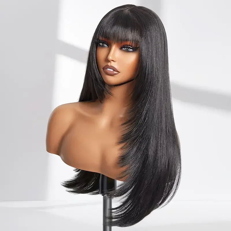 

34 Inch 3X1 Middle Part Lace Wig Straight Human Hair Wigs With Bangs Brazilian Full Machine Made 100% Human Hair Wigs For Women