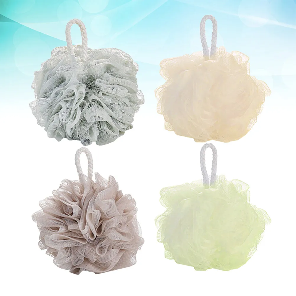 4Pcs Bath Ball Solid Color Large Mesh Pouf Shower Sponge Soft Comfortable Skin Cleaning Quick-Dry Bath Supplies Relaxing Strap