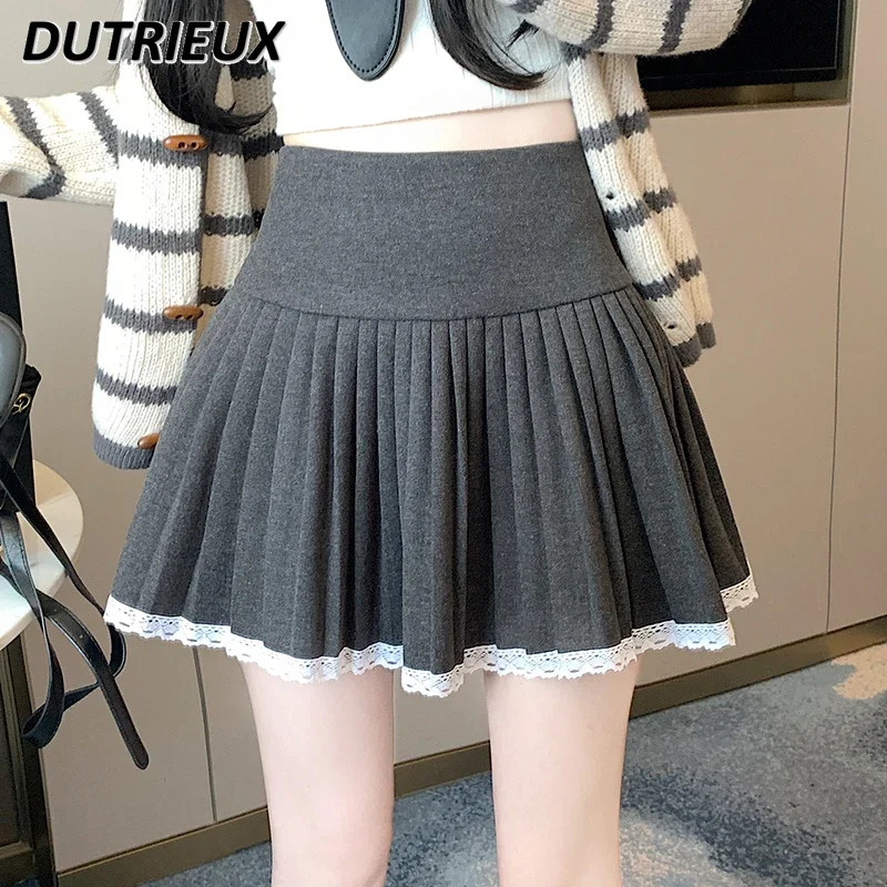 College Style Sweet Cute Girl Lace Edge Casual Pleated Skirt for Lady Wool Contrast Color Women's Short Skirta Autumn Winter