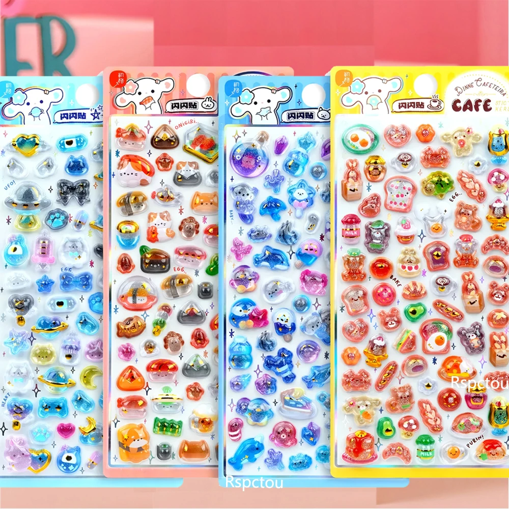 4pcs Funny Cartoon Cute Animal Pattern 3D Relief Stickers Kawaii Crystal Decoration Sticker DIY Phone Laptop Bubble Sticker Gift