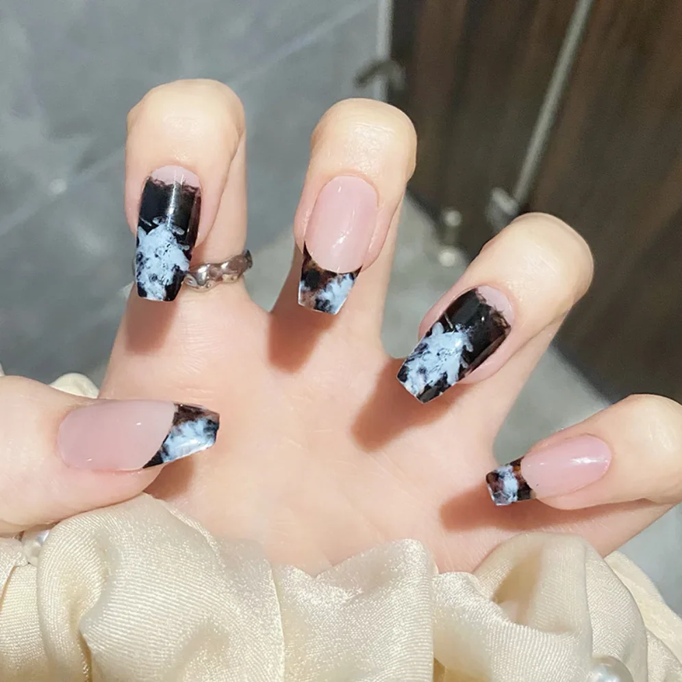 

24Ps Nude Black White Meteorite Latte Fake Nails Art Artificial Long Ballet Square Head False Nail Tips Removable Press on Nails