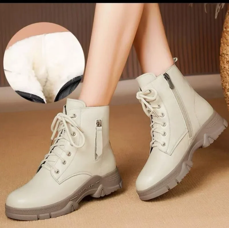 

Women Winter Boots Genuine Leather 2024 New Flat Non Slip Women's Snow Boots Fashion Natural Wool Warm Women's Booties