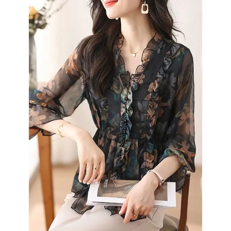 Floral Chiffon Blouse Women Clothing Fashion Ruffles V-neck Flare Sleeve Shirts Spring New Fashionable Patchwork Top Tee Femme