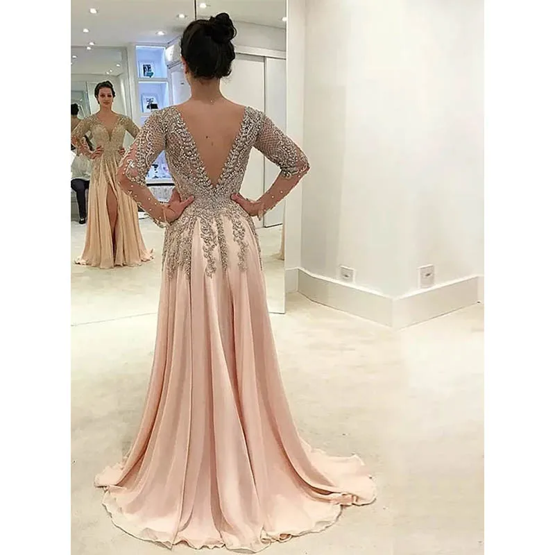 Sparkling Beading Long Sleeve Evening Dresses  A-Line Side Slit V-Neck Chiffon Backless Floor Length Party Prom Gown