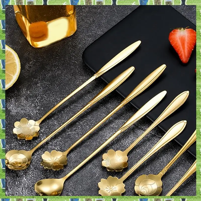 

FTS Stainless Steel Cherry Flower Gold Scoop Coffee Spoon Gift Kitchen Dessert Tea Parts Accessories Tableware Decoration Set 13