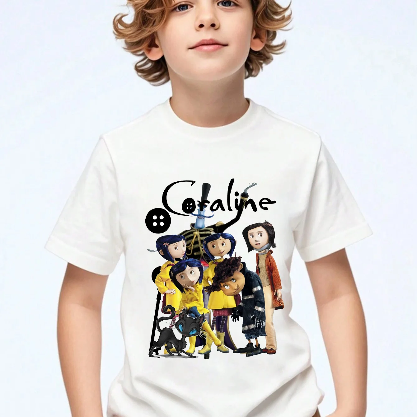 

Летняя хлопковая детская футболка Coraline, модная футболка с круглым вырезом и короткими рукавами для девочек и мальчиков, футболка с принтом в стиле Харадзюку, футболки с мультяшным принтом в стиле Харадзюку