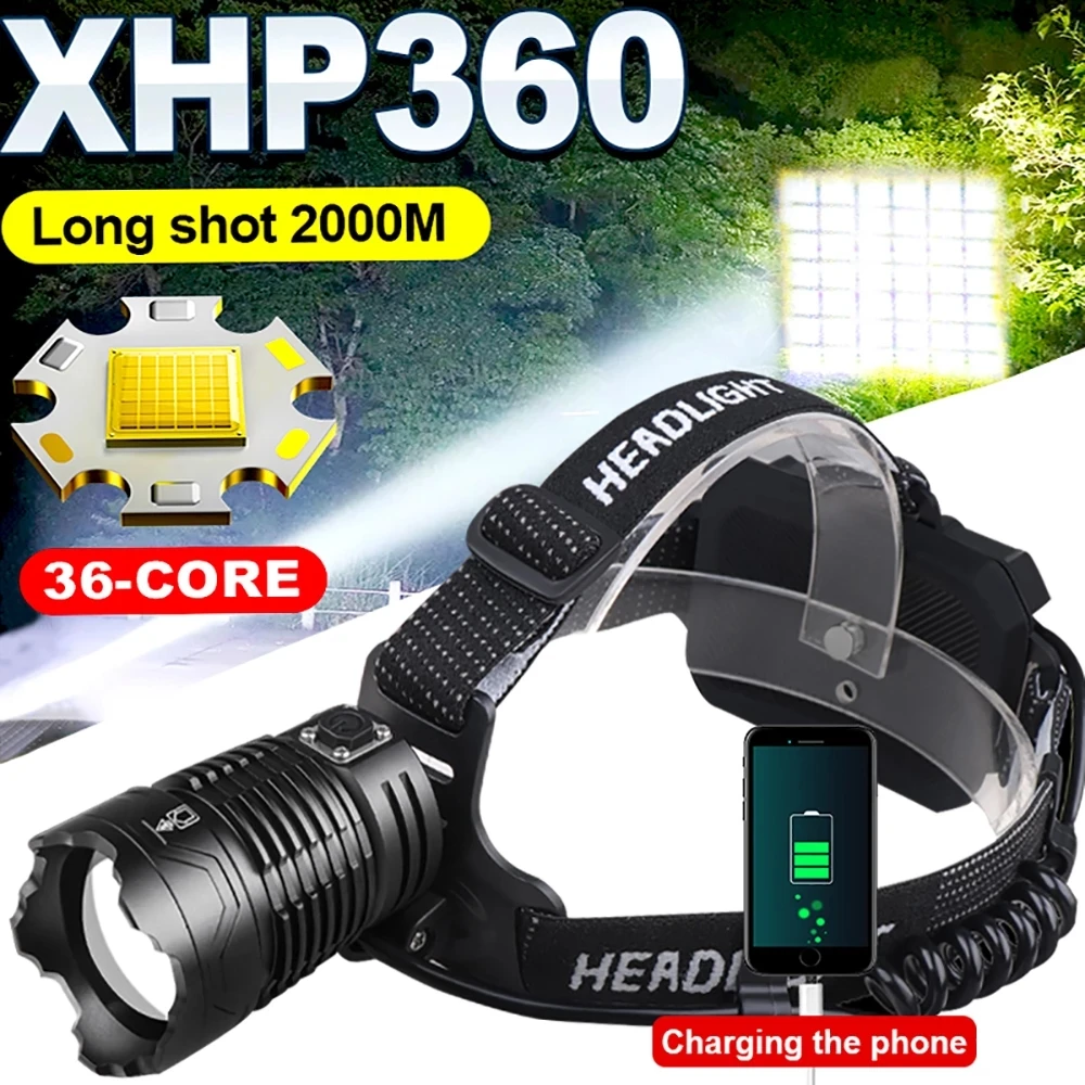 100000LM Zoomable XHP360 Headlamp 36-Core LED Head Lamp Use 18650 Battery Flashlight USB Rechargeable 4 Lighting Mode Head Torch