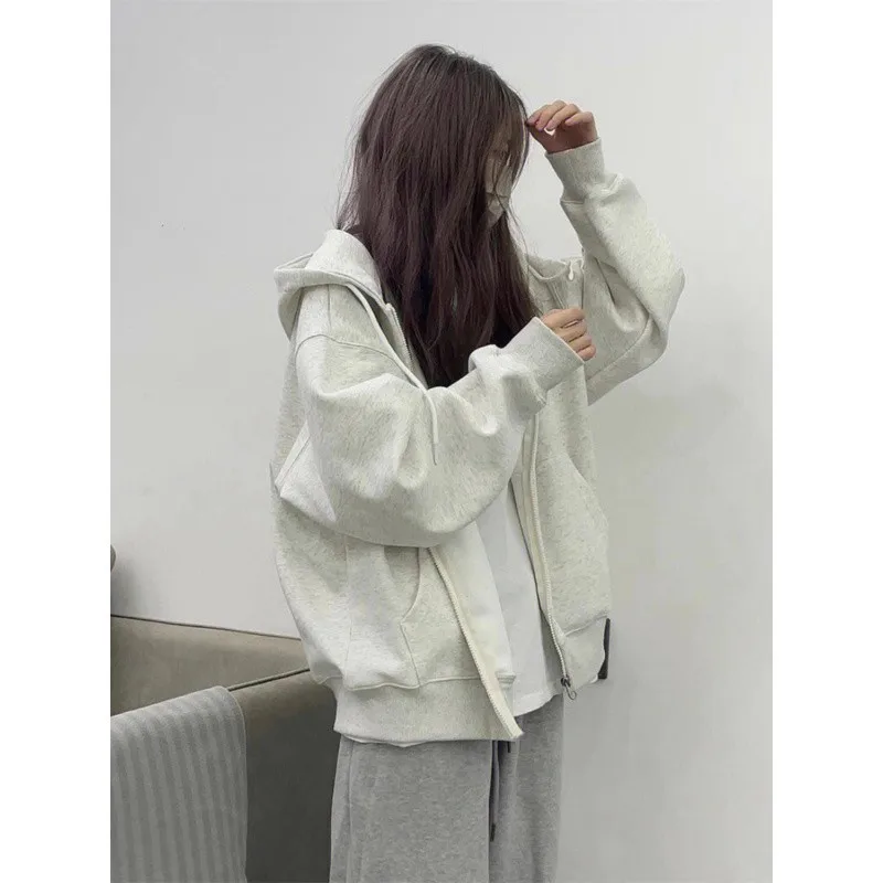 Autumn Winter Retro Harajuku Solid Women Zip Up Hoodies Korean Style Oversize  Long Sleeve Sweatshirt Hooded Coats Streetwear