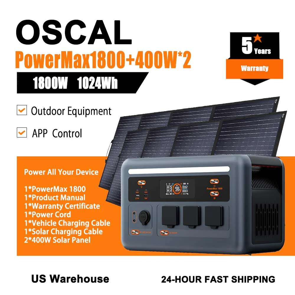 

OSCAL Power Station 1024WH Capacity 1800W Mobile Generator Pair With 2PCS 400W Solar Panel Support APP Control For Home Outside