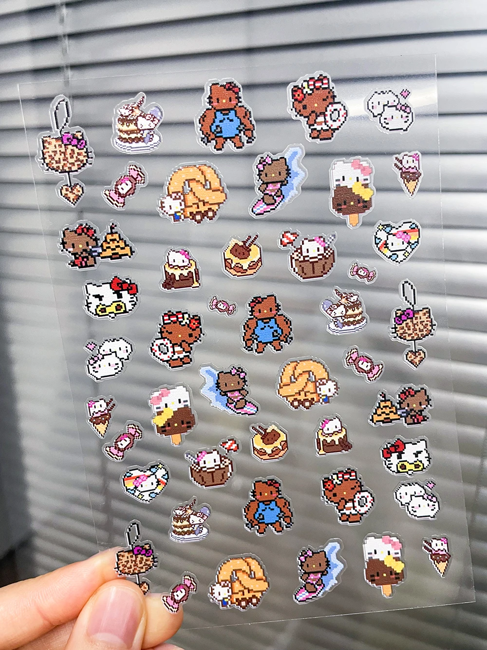 

Pixel Style Black Skin Hello Kitty Self Adhesive Nail Sliders Food Cake Burger Kt Cute Diy Scrapbook Camera Suitcase Sticker