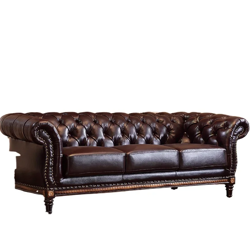 Simple American European French country pastoral retro leather sofa combination solid wood carved living room furniture