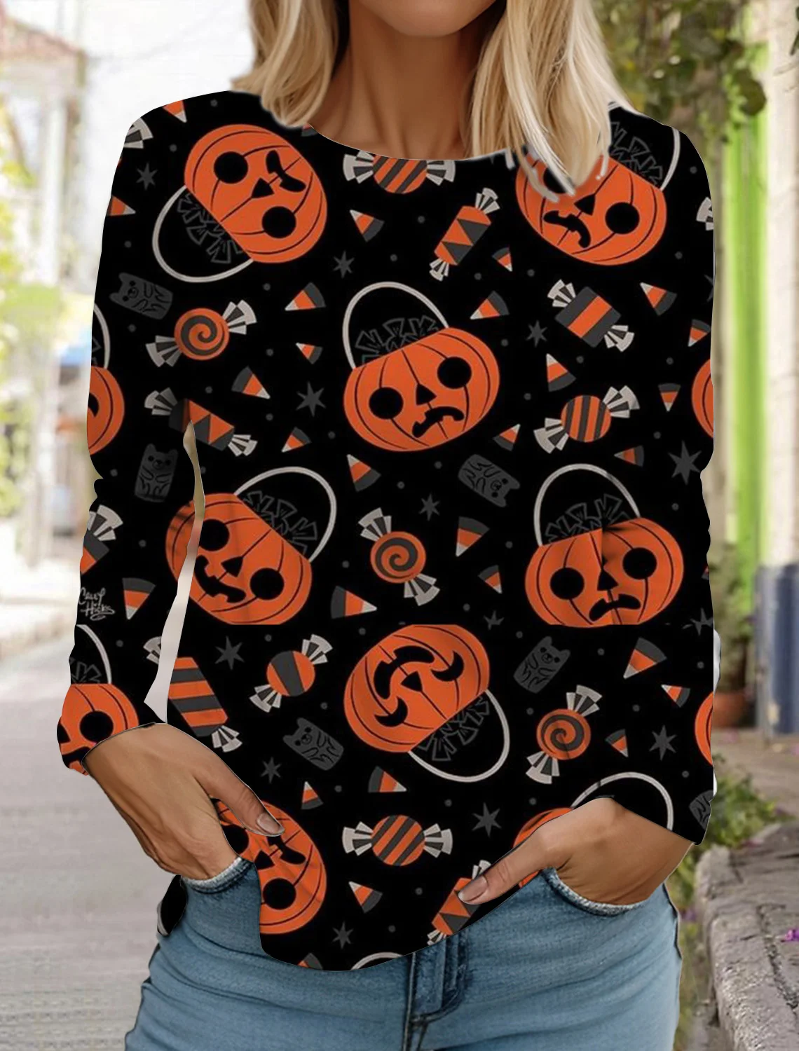 2024 Halloween damska koszulka z długim rękawem śliczna głowa dyni 3D wzór T Shirt moda jesienna top damski pulower w stylu Harajuku odzież