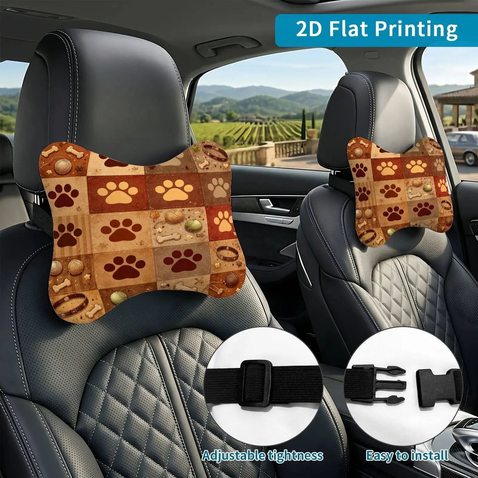 2pcs Paw Print Dog Bone Pattern Car Seat Headrest, Neck Support Cushion, Suitable For All Seasons Of Car Additions, Adjustable T