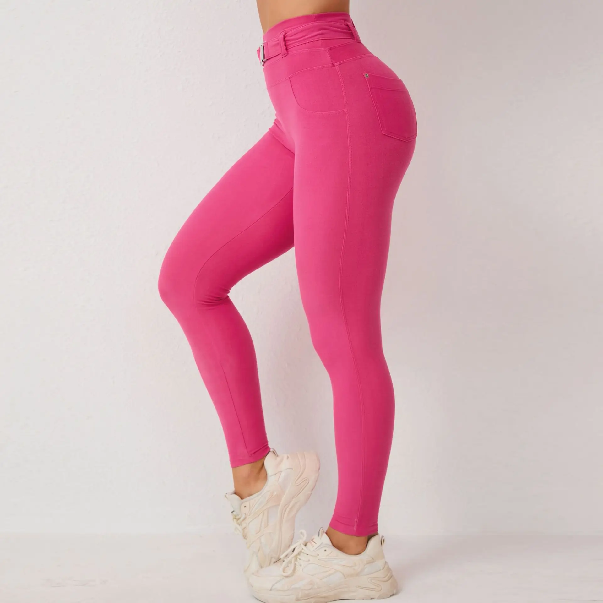 Fashion Casual Sporty Leggings with Pocket Belt Women Gym Tights Workout Clothing High Waist Fitness Yoga Legging Pants Black