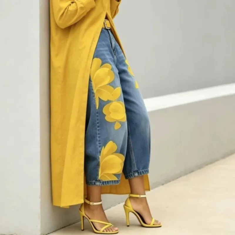 2026 Neue Modische Blumenmuster Weite Jeans Lässige Baumwoll-Denim High-Waist Dreiviertel-Hose Trendige Übergrößen-Hose High Street