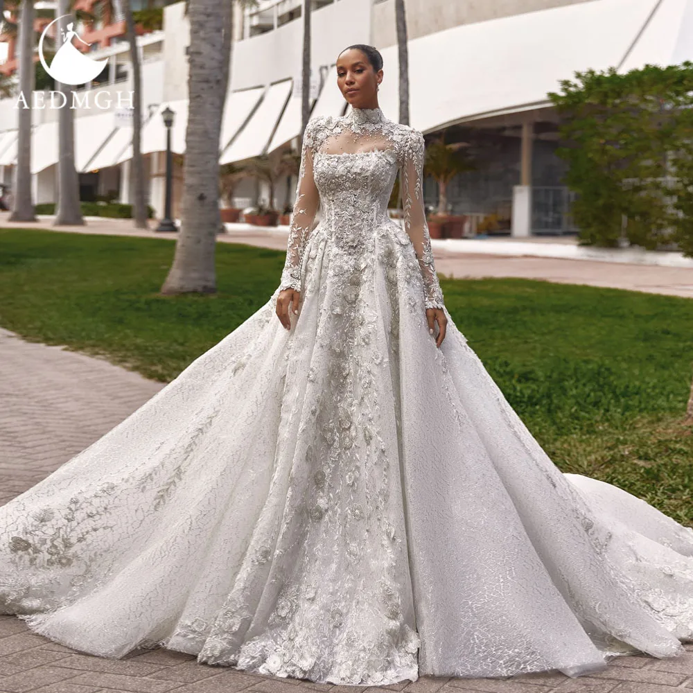 

Aedmgh Нежные свадебные платья трапециевидной формы с высоким воротом Vestido De Novia Кружевная вышивка 3D цветы Очаровательное свадебное платье на заказ