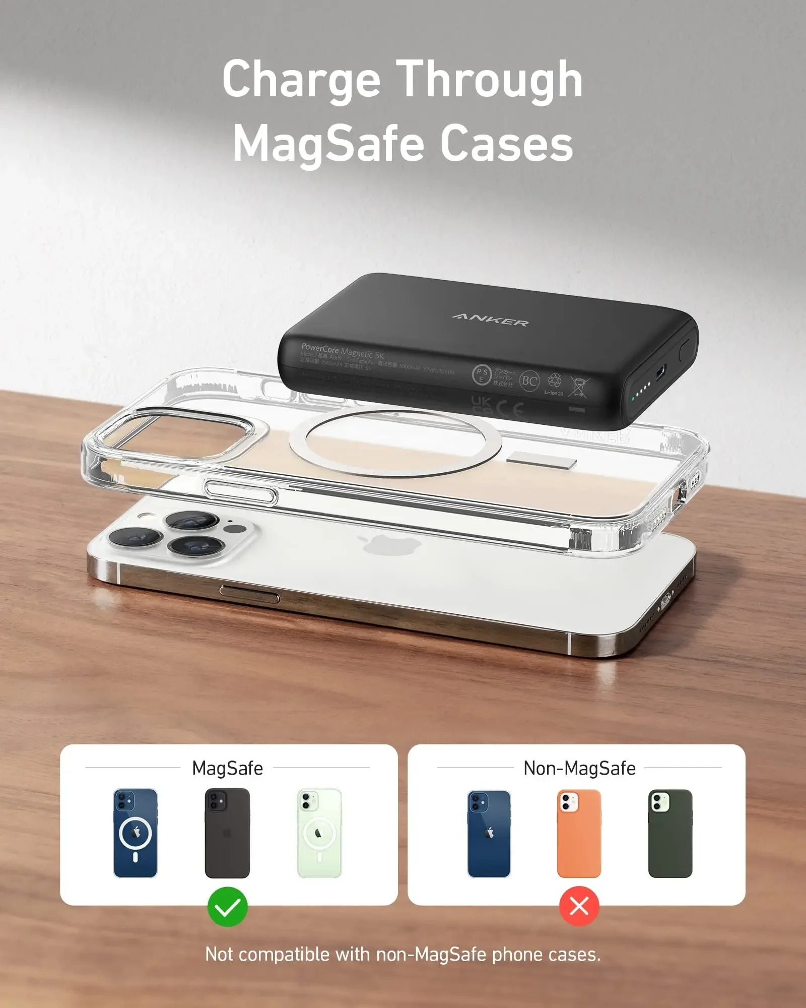 بطارية Anker-powerbank ممغنطة (powerbank 5k) ، شاحن لاسلكي محمول مع كابل usb ، لهاتف iphone