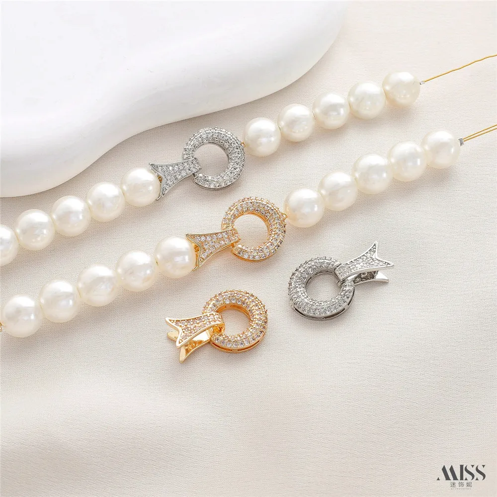 14K Gold Color-preserving Micro-inlaid Zircon Ring, Fish Tail Universal Buckle End Connection Buckle DIY Pearl Bracelet Necklace