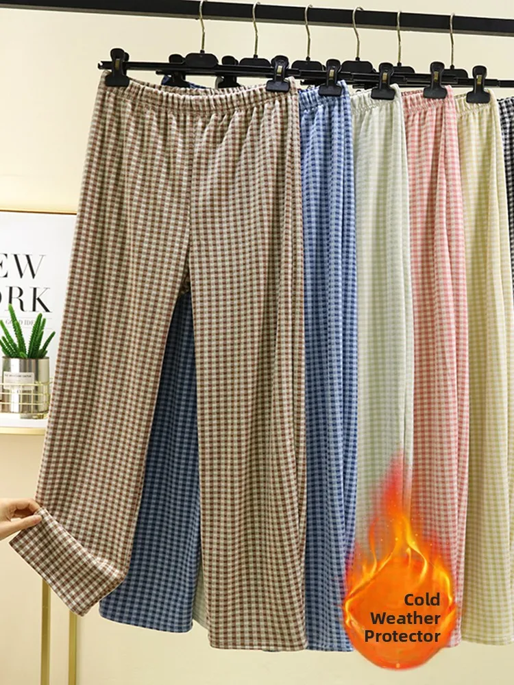 

Double-Sided Fleece Warm Home Pants Women's plus Size Loose Straight Casual Pants Versatile Slimming Plaid Cotton Sleepwear