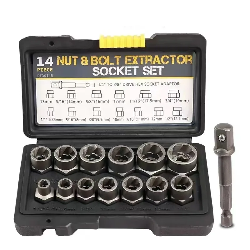 

Hand Tools Kit 6.35 -19m in Tool Box 14pc Damaged Screw Extractor Cr-Mo Steel Bolt Nut Remover Car Tool Kit