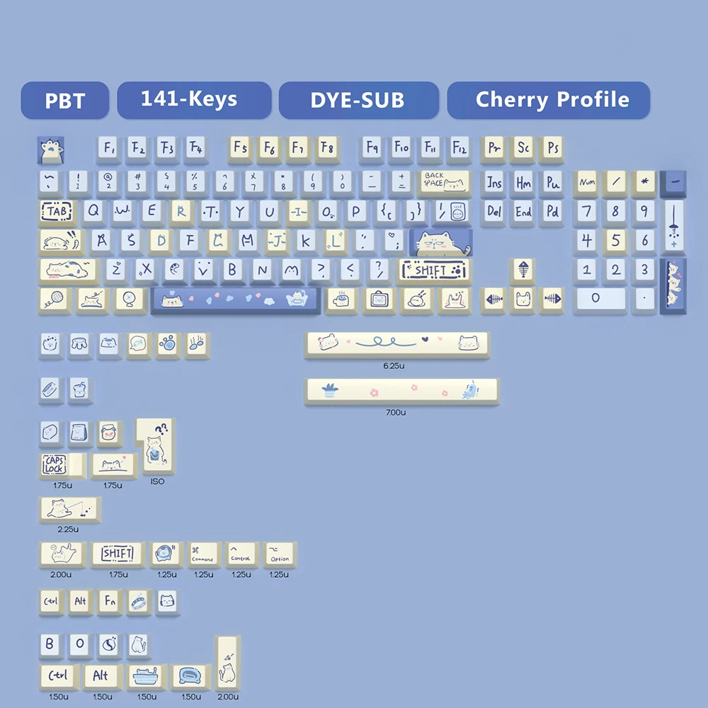 Blue Meow Meow theme keycap cute original height PBT sublimation mechanical keyboard 64/75/84/98/108