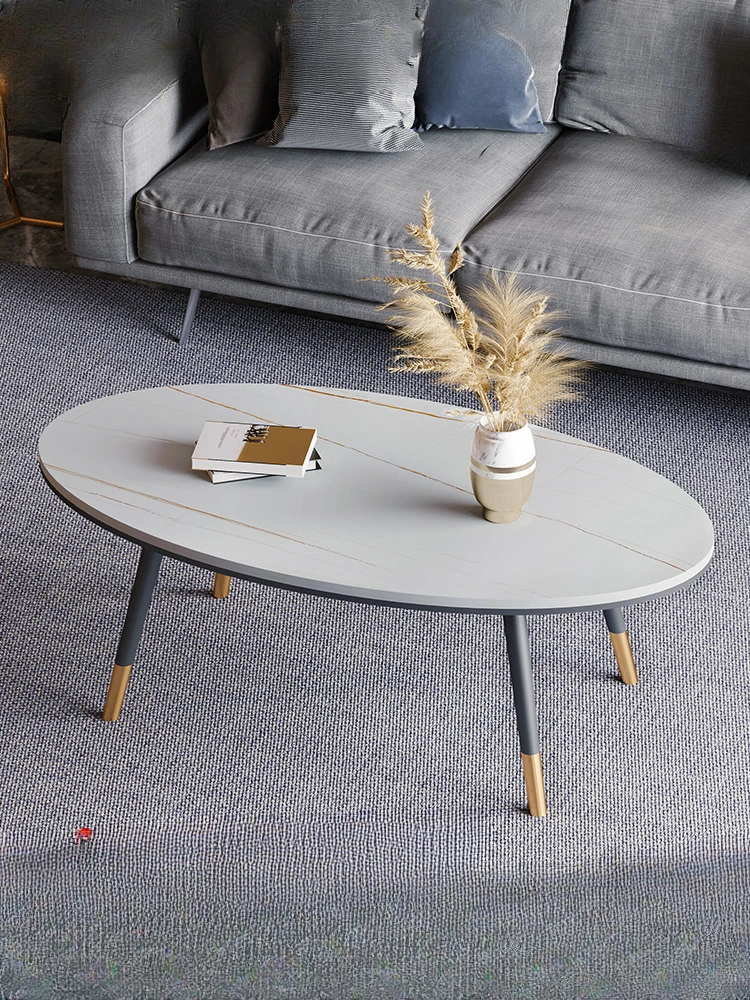 Light luxury rock slab iron art small coffee table popular on the internet, simple and modern minimalist elliptical marble