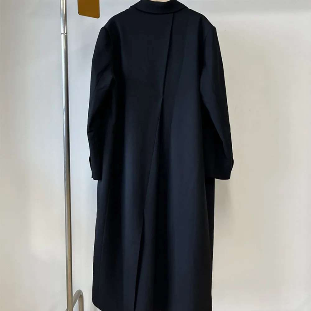 Premium Pleated Back Wool Blend Mid-length Black Coat