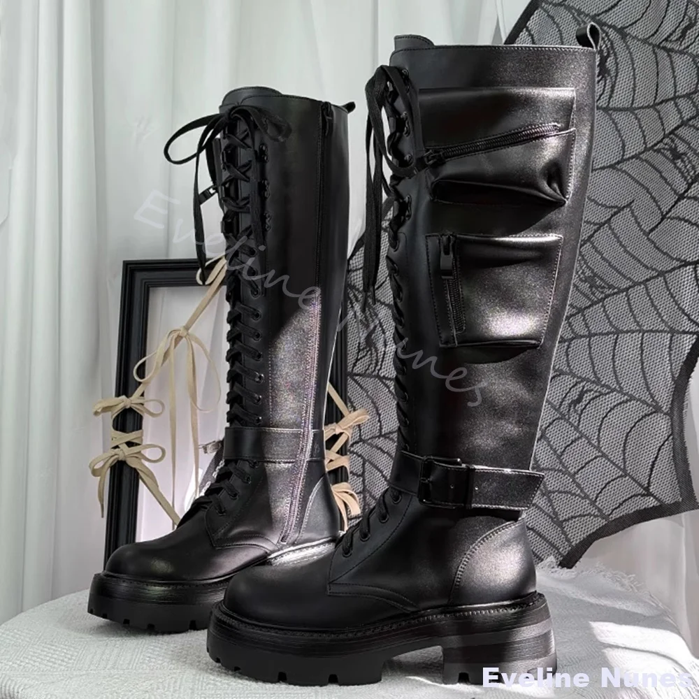 

Punk Knight Boots Women Cross Tied Belt Buckle Round Toe Chunky Heel Side Zipper Knee High Boots New Hotties Black Leather Boots