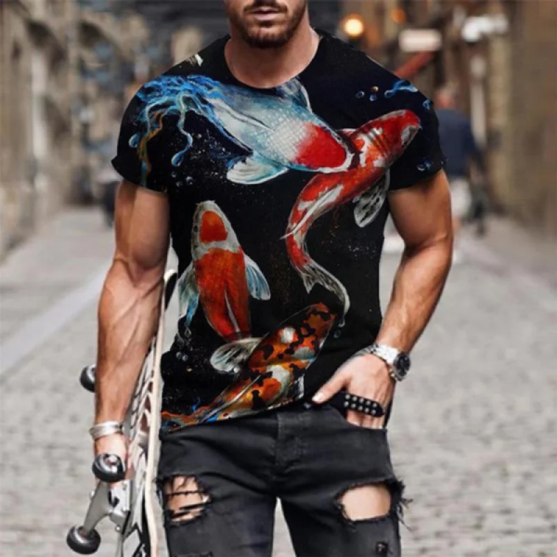 2023 New Fashion Men \'s Personality T Shirt Summer 3D Printed Koi Fish Print Polyester Short Sleeve T-Shirts