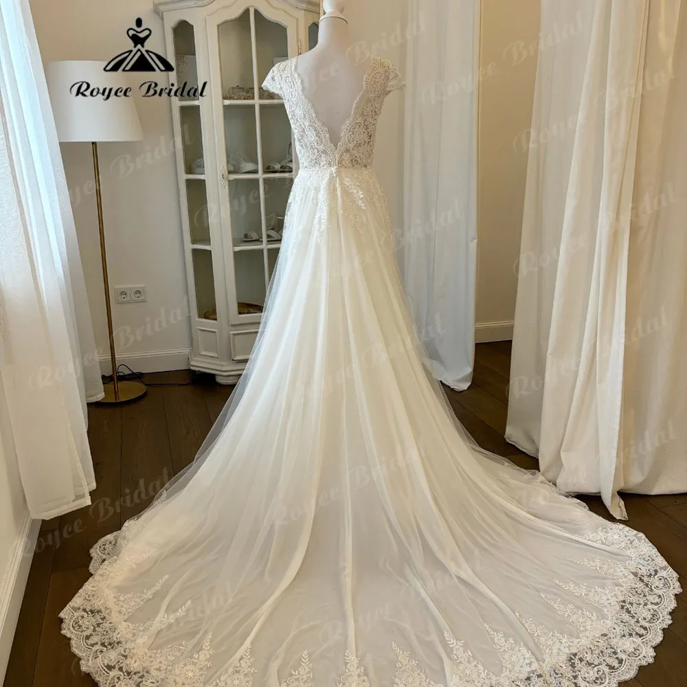 Vestido de noiva sem costas com mangas para mulheres, vestido de princesa, Apliques, Renda, Casamento, Personalizado, 2021