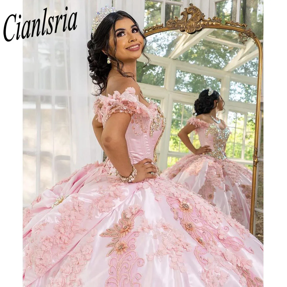 

Sparkly Pink Off The Shoulder Ball Gown Quinceanera Dress With Handmade Flowers Appliques Sweet 15 Prom Party Dresses